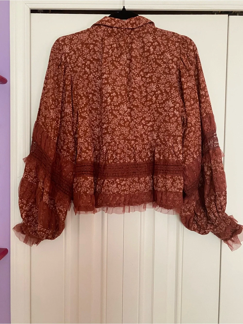 Anthropologie Rust Floral Ruffle V-Neck Blouse